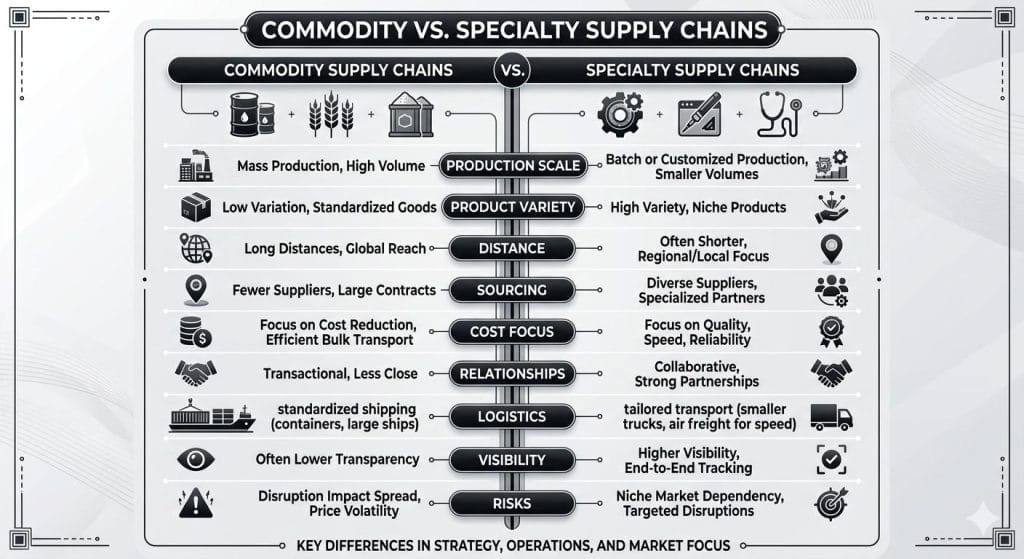 Comparison infographic showing Commodity vs. Specialty supply chains